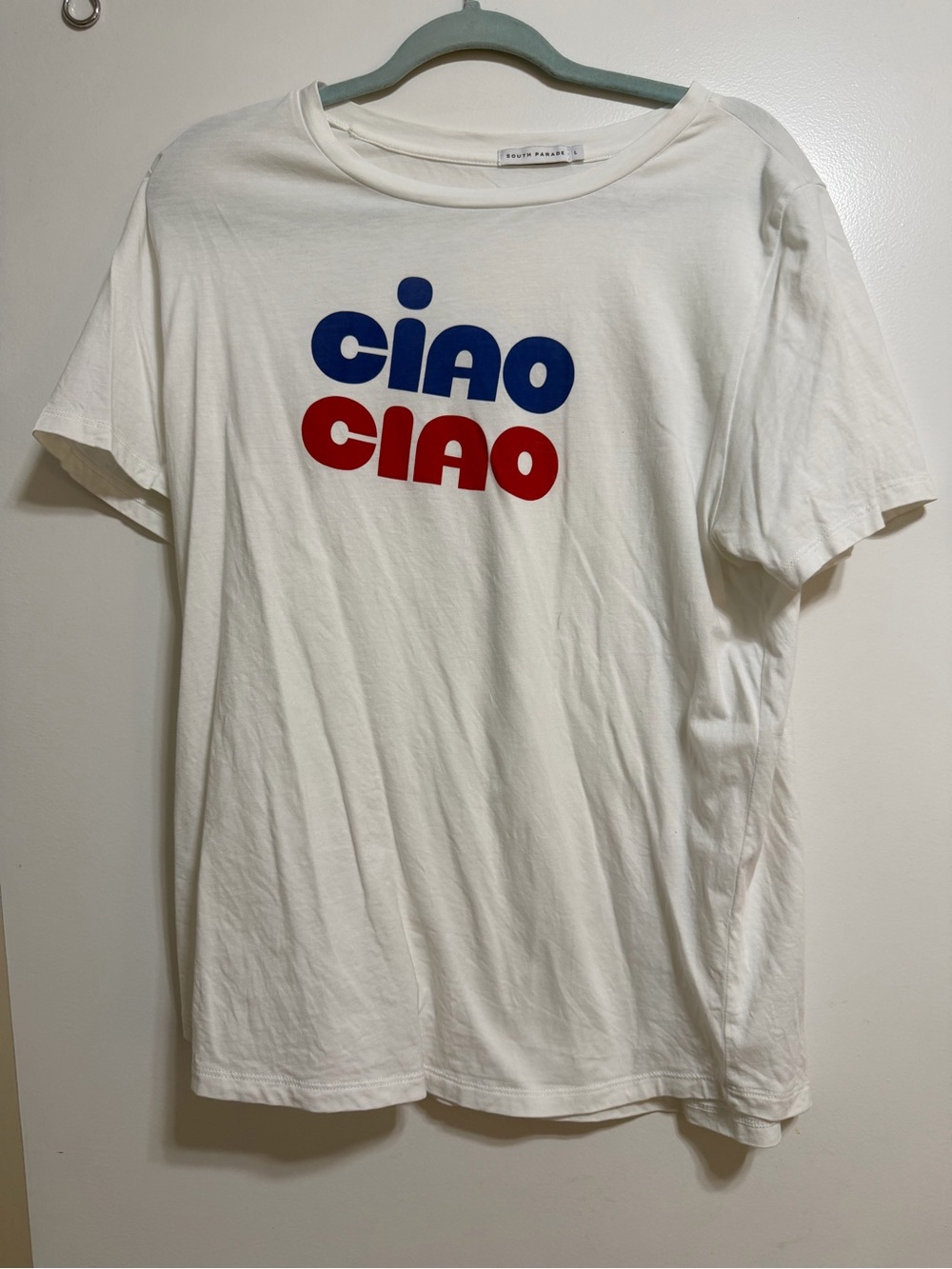 White Tee with Blue and Red "CIAO CIAO" Graphic